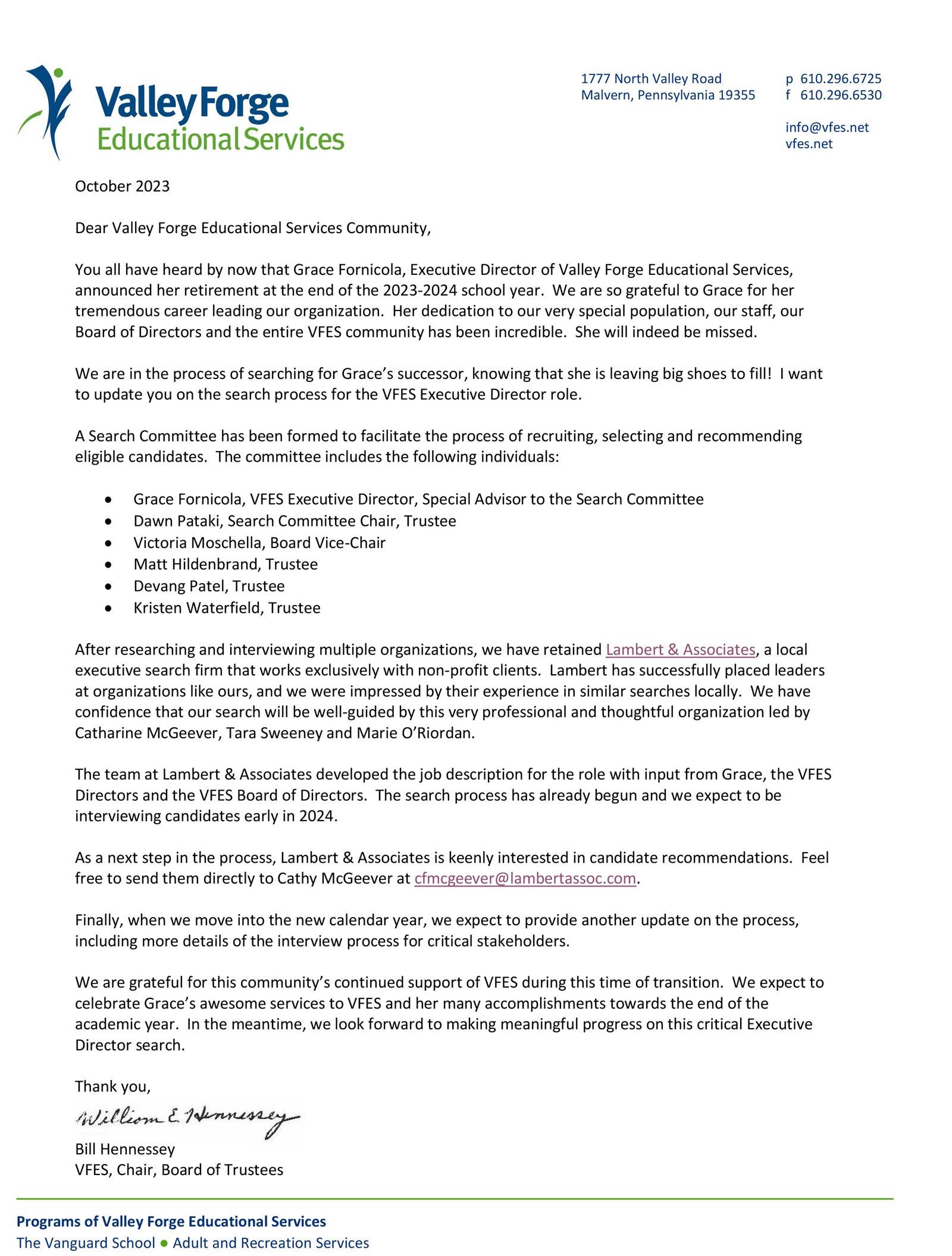 Executive Director Search Update